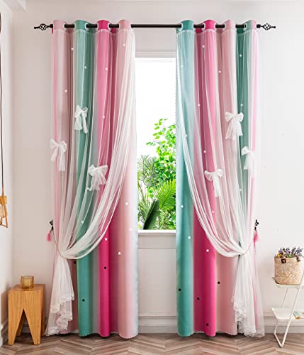 Image of Yancorp Curtains for Girls Bedroom Kids Room Curtain Colorful Window Nursery Curtain 84 inches Length Room Darkening Grommet 2 Layers (Green Red Pink, W52 X L84)