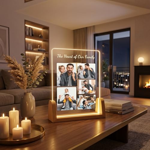 Image of Giftplease Custom Fathers Day Tabletop Rectangular Acrylic Wood Photo Frame | Warm Led Light Base Personalized Picture Layout Desktop Night Decor Standee for Dad Papa Husband Stepdad Grandpa