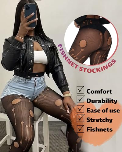 XIUSEMY Women Sexy Tights Fishnet Stockings Patterned Leggings Thigh-High Black Socks Lace Pantyhose4