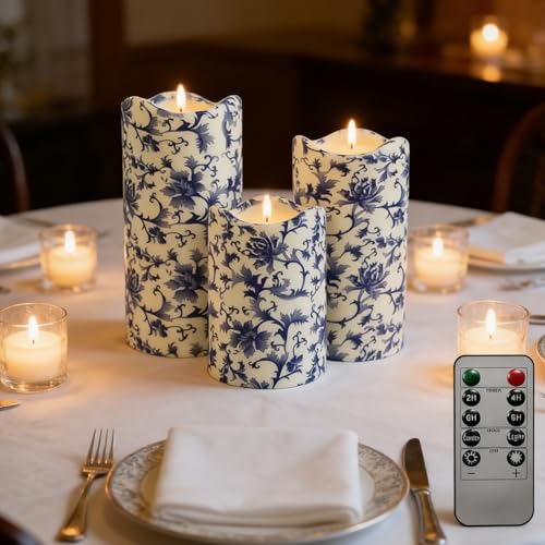 Image of Remote Flameless Candles 4 inch 5 inch 6 inch - Set of 3 Blue and White LED Pillar Candles Wave Top Plastic Battery Operated with Timer for Home Wedding Holiday Decor Indoor Outdoor,PLT3P-BW