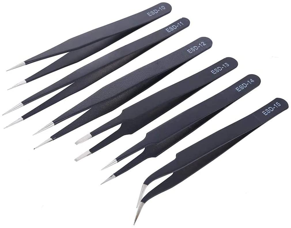 KASTWAVE 6 PCS Stainless Steel Antistatic ESD Tool Set High Precision Tip Curved Straight Tweezer Stainless Multifunction Nipper Repair (Black, Pack of 6)