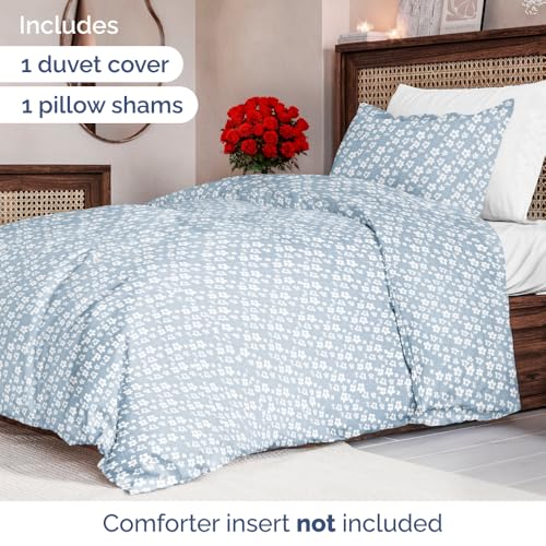 Image of Duvet Cover Twin /Twin XL - Floral Duvet Cover Set - 2 Piece - Blue Meadow | Soft Floral Duvet Cover 68 x 90 with 1 Pillow Sham, Comfy Floral Bedding Set, Hotel Luxury with Zipper Closures & Ties, Comfy