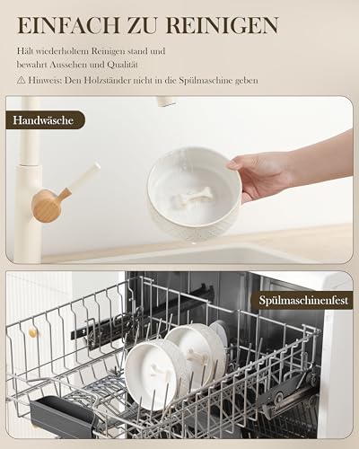 MALACASA Hundenapf Keramik mit Walnussholz-Ständer, 450ml Doppelschalen für Hunde & Katzen, für Futter und Wasser, Rutschfester Stand, Fünfblatt-Klee & Wabenmuster