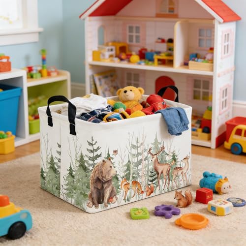 Image of Rectangular Storage Basket,Kids Basket Animal Baskets Cute Storage Bins,Waterproof Collapsible Clothes Kids Storage Basket,Gift Basket,Animals Room Decor(Woodland Animal)