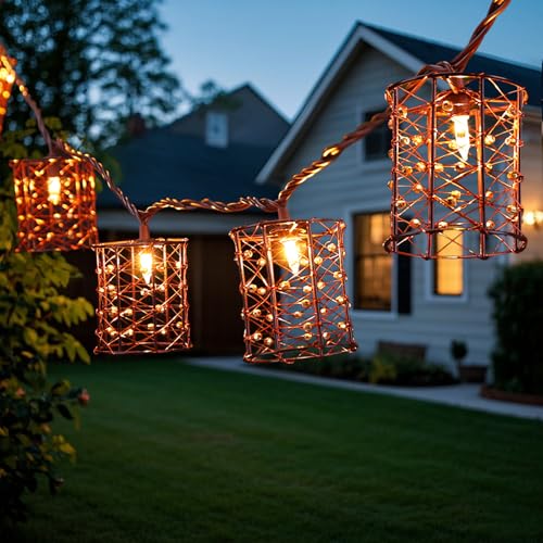 Outdoor Patio String Lights Plug in with 10 Incandescent Bulbs, Handwoven Beaded Copper Wire Style Decorative Lantern String Lights Connectable Weatherproof for Pergola, Porch, Mantel, Indoor Decor