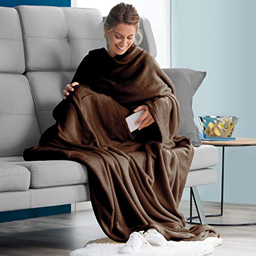 CelinaTex TV-Decke mit Ärmeln und Fußtasche Flauschige Kuscheldecke 150 x 180 cm dunkel braun Mikrofaser Fleece Soft Oeko-TEX – Ansicht 6
