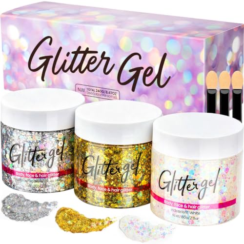 Teenitor 3 Colors Body Glitter Face Glitter,80g*3 Hair Glitter Gel Set