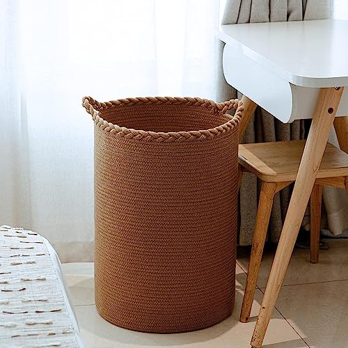 Image of ALBY Woven,Tall Wicker Laundry Basket for Blankets,Clothes,Pillows,Toys,Shoes Large Cotton Laundry Hamper for Bedroom Living Room Bathroom Nursery (58L / Large 15 inchD x 20 inchH, LIGHT BROWN)