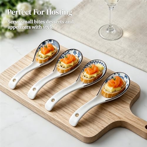 Image of DOWAN Soup Spoons, Asian Ceramic Soup Spoon, with Long Handle Easy to Hold, Non-slip Bottom, Japanese Spoon for Ramen Pho Wonton Dumpling Miso, Set of 4