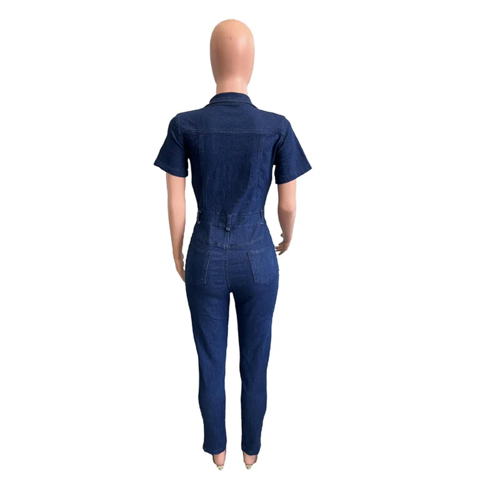 KWTF Combinaison sexy extensible à manches courtes en jean pour femme, bleu marine, M
