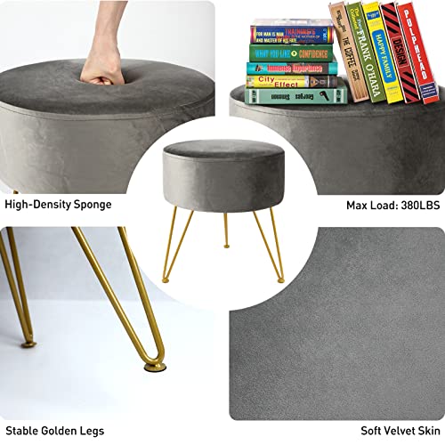 Ecomex Velvet Round Ottoman With Metal Legs, Upholstered Round Footrest Stool Footrest Ottoman Vanity Makeup Stool Modern Furniture For Living Room Bedroom, Grey #TOP2