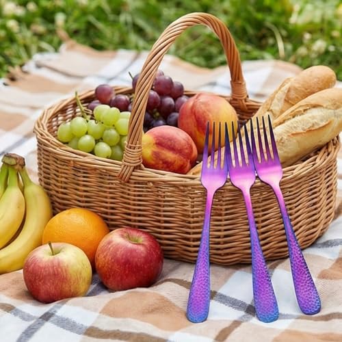 Image of Rainbow Hammered 4-Piece Cutlery Set | 2 Tablespoons & 2 Dinner Forks (8.1 inch) | Durable Stainless Steel Tableware for Home, Restaurants, and Gift Giving