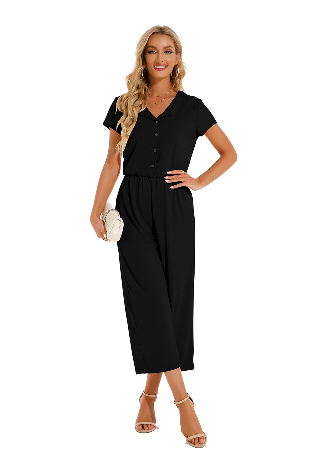 Cassiecy Jumpsuit Damen Elegant Kurzarm Playsuit V-Ausschnitt Casual Lose Overalls Lang Romper