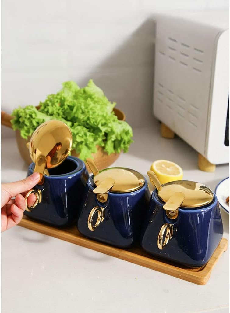 Condiment Container Set Spice Box with Spoon Cover Seasoning Bowl Ceramic Seasoning Box Restaurant Spice Box 3 Pieces Perfect Spice Storage for Home Kitchen (Color : B) (A)