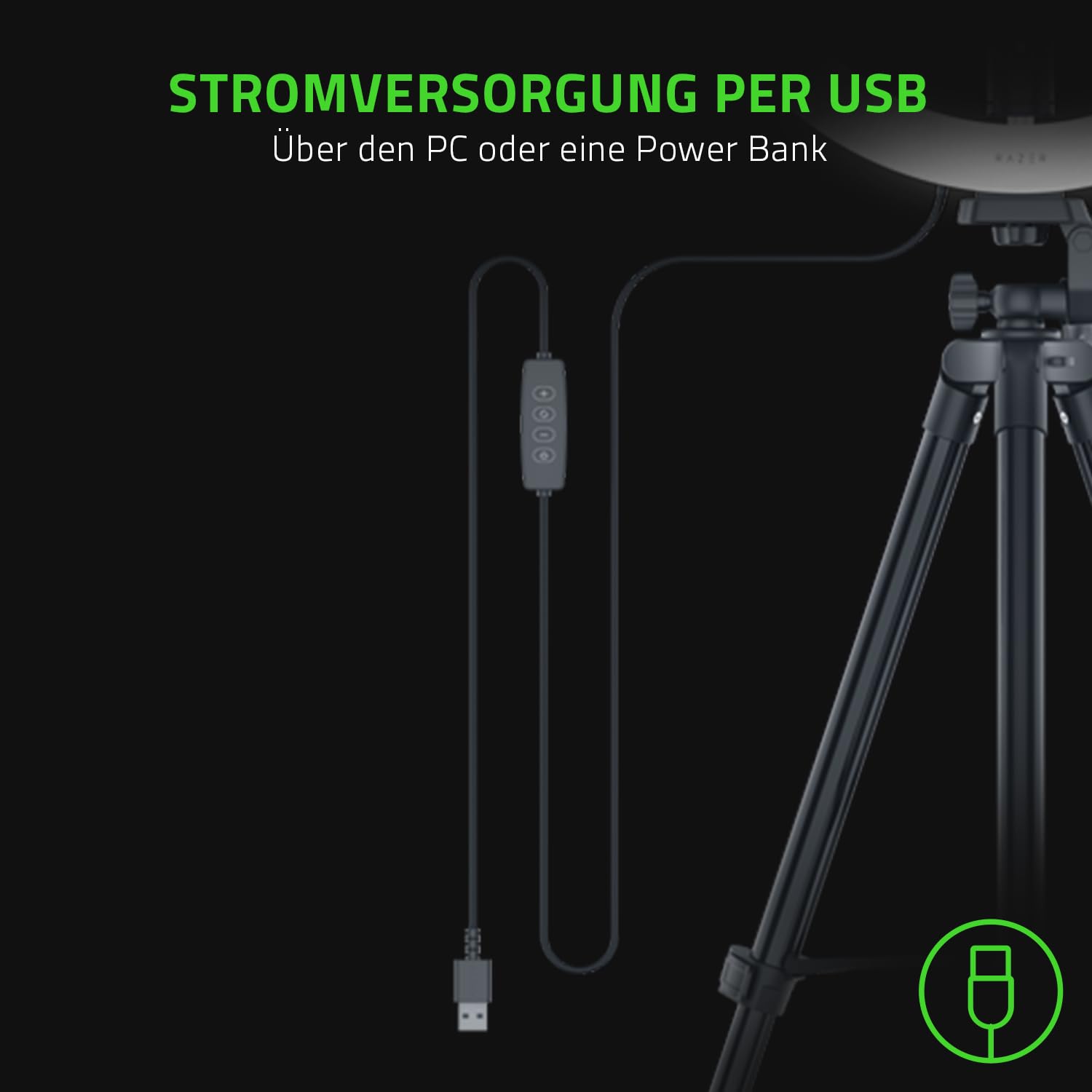 Razer Ring Light - 12-Zoll-USB-LED-Ringleuchte mit Stativ für PC + Mobile Streaming (Anpassbares Lichtspektrum + Helligkeit, Flexible Befestigungsmöglichkeiten) Schwarz
