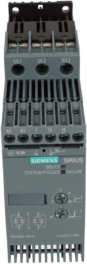 Siemens 3RW3026-1BB14 SIRIUS SOFT STARTER, SIZE S0, 25A, 11KW/400V, 40 DEGREES, 200-480V AC, 110-230V AC/DC, SCREW TERMINALS