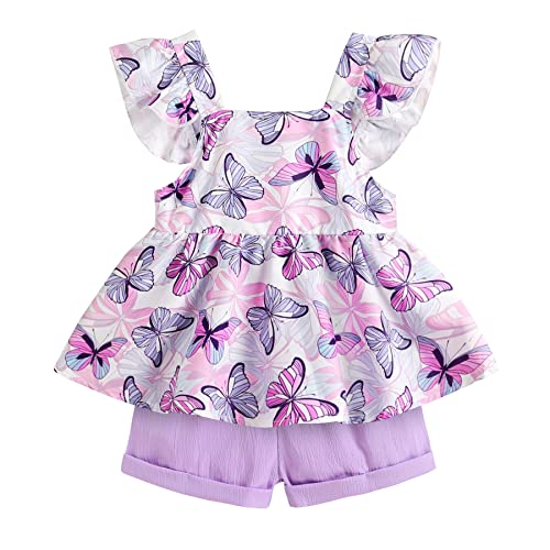 Younger Tree Toddler Baby Girl Clothes Sleeveless Ruffle Bowknot Dress Top Shorts Set Summer Outfits For Little Kids Girls(Butterfly+Purple Shorts,12-18 Months) #TOP26