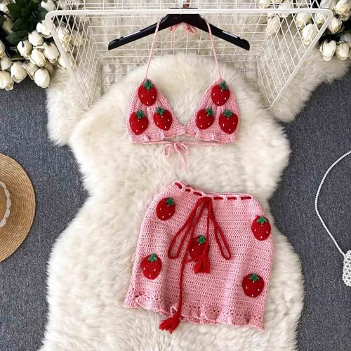 Womens Summer Crochet Halter Crop Tops Boho Bikini Skirt 2 Piece Sets Swimsuit Cute Strawberry Beach Vacation Outfits3