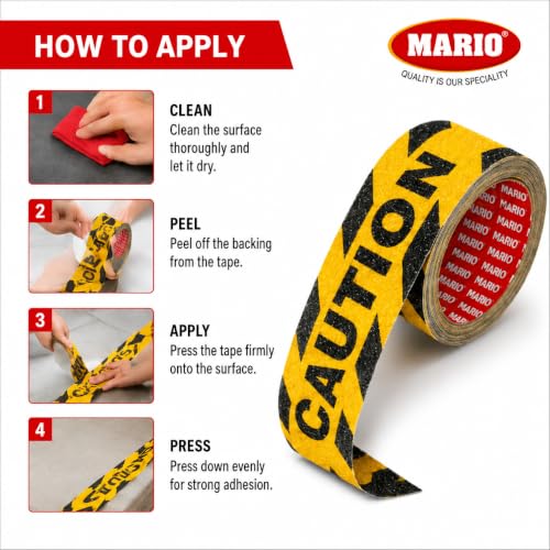 Image of Mario Caution Anti Skid Anti Slip Tape 50mm (2 Inch) x 5m | High Traction Waterproof Safety Grip Tape for Stairs, Ramps, Warehouse, Factory, Parking & Loading Areas | Indoor Outdoor Slip Resistant