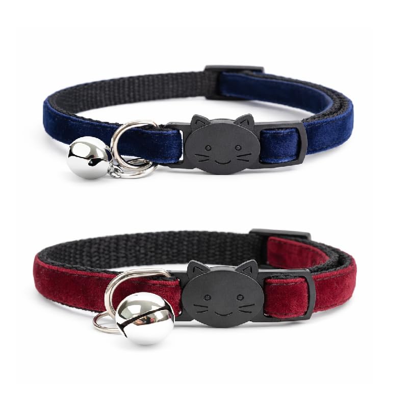 Velvet Cat Collars with Bell. Safe Quick Release Breakaway Buckle | Zacal Cat Collars (Navy Blue & Maroon Red, Pack of 2)