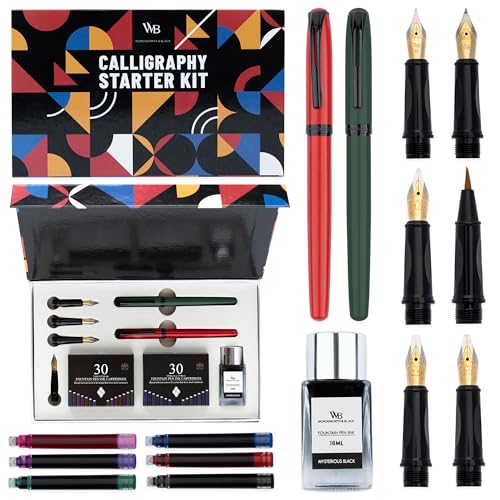 Wordsworth and Black Kalligraphie-Stiftset - Grün - 2 Kalligraphie-Stifte, 18-ML-Tintenflasche, 60 Tintenpatronen, Tintenauffüllkonverter, 1 mittlere und 4 breite Federn, Pinselstift