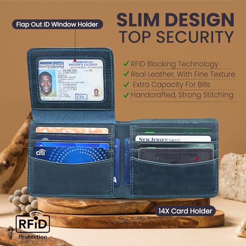 Leather Wallet for Men, Top Grain Leather Mens Bifold Wallets, With Flap Out ID WIndow Holder, Handcrafted, Strong Stitching, Extra Capacity for bills, 14 Card Slots, Gift for Him (Blue)3