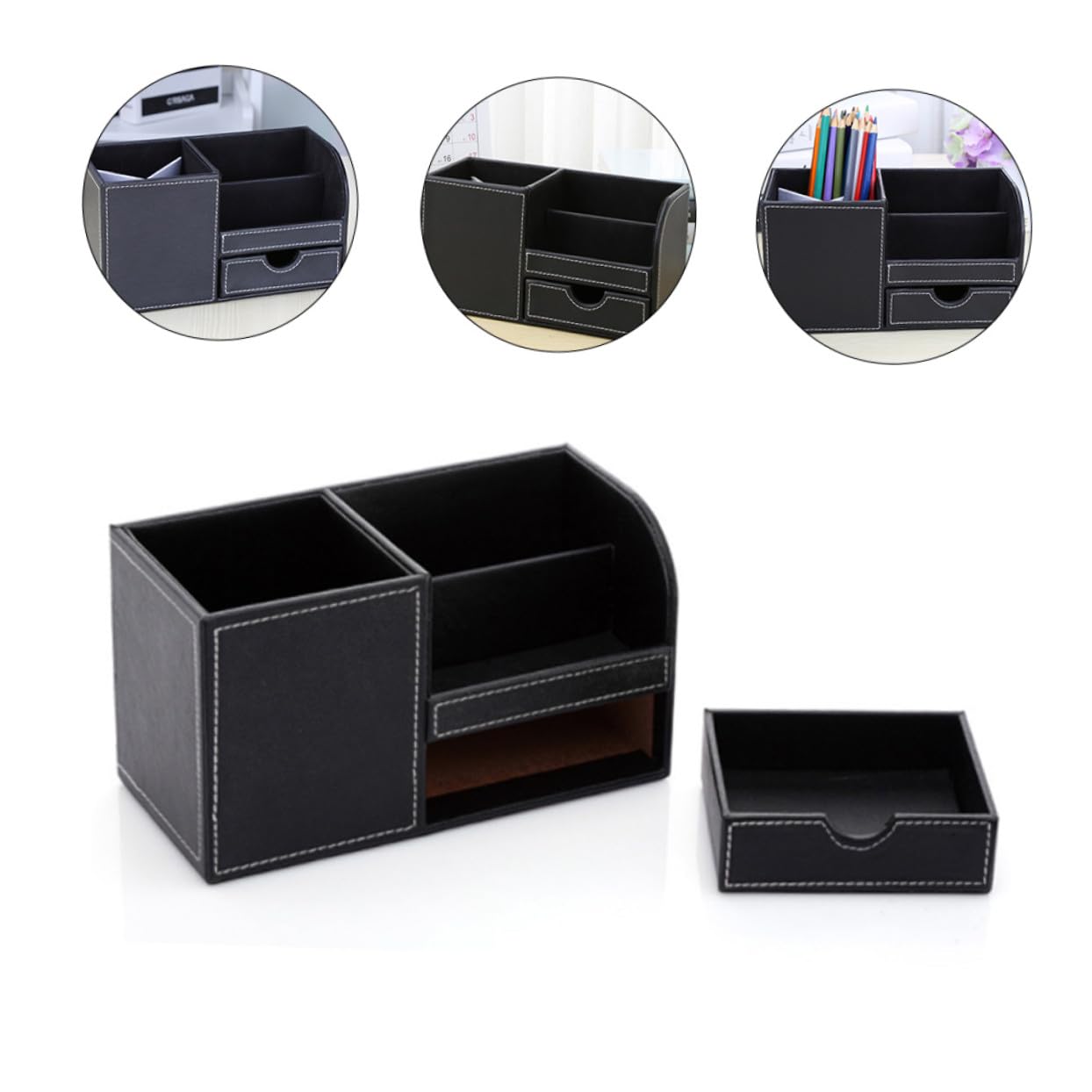 2 Piezas Organizador de Escritorio Multifuncional de PU Negro Soporte para Papelería de Oficina Caja de Almacenamiento para y Dormitorio Diseño y Duradero