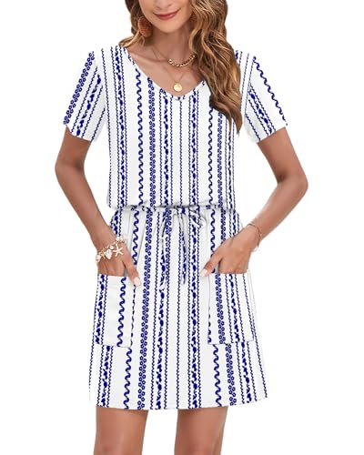 Image of AUSELILY Womens Summer Dresses 2026 Causal Short Sleeve V Neck Tie Front Mini Short Dress with Pockets