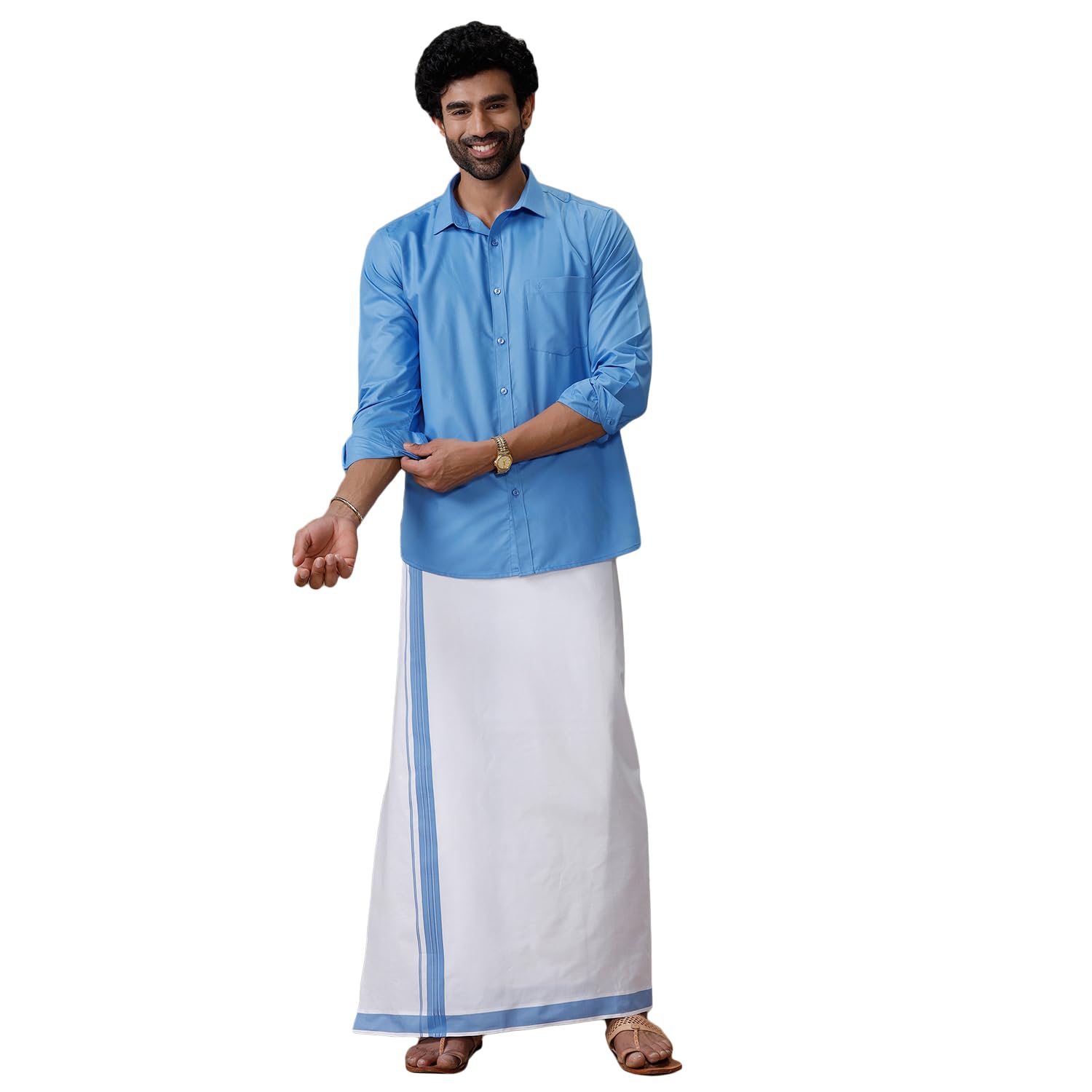 Ramraj Men Cotton Blend Full Sleeve Solid Shirt With Matching Border Dhoti-image-47