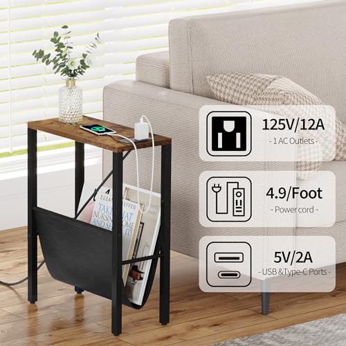Vagusicc Narrow Side Tables with Charging Station, Set of 2, End Table with Storage Pouch for Small Spaces, Slim Nightstand with USB Ports & Outlet,Thin Sofa Bedside Table for Living Room/Bedroom