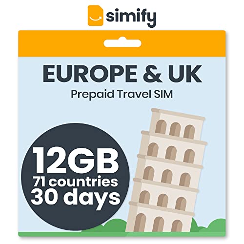 Simify 12GB Europe & UK Prepaid SIM Card for International Travel | Mobile Phone Plan Incl Data Calls and Text for 30 Days | Works in All European Countries Incl Spain, Italy, France and More