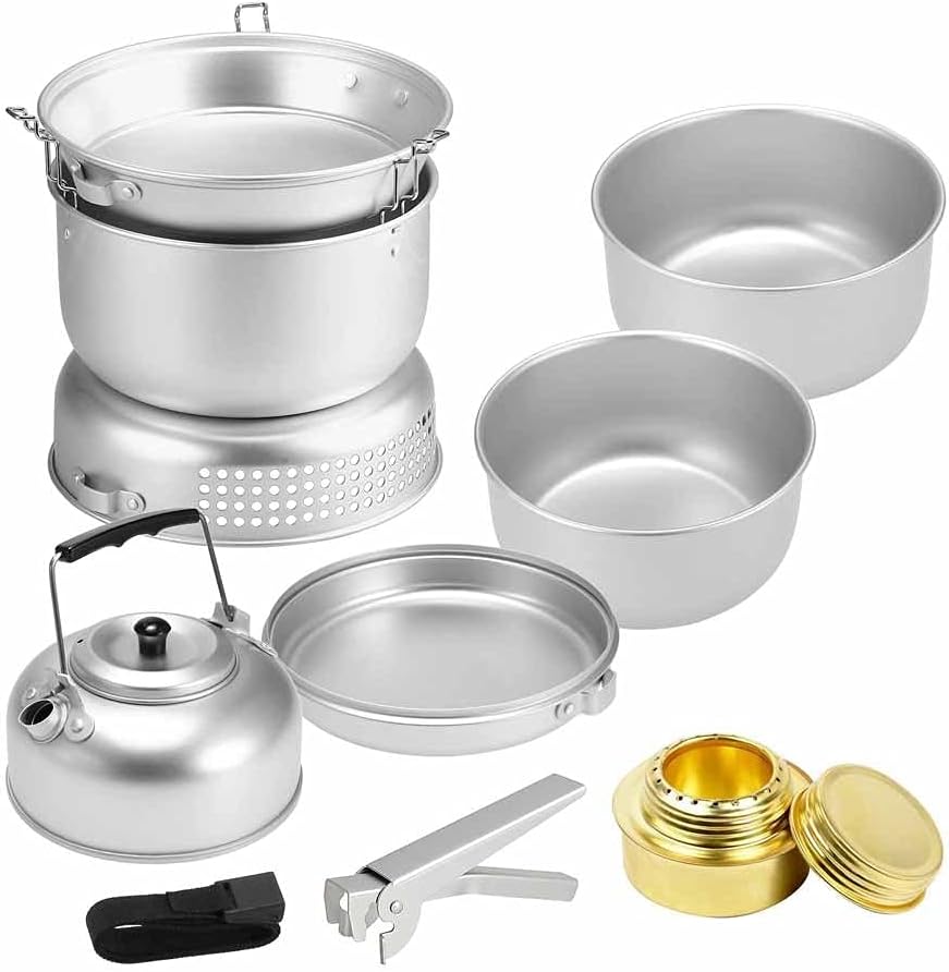 Camping Stove Kit Portable Camping Dish Plates Pots Water Kettle Stove Hand Vice Outdoor Camping Cooking Set for 2-3 Persons