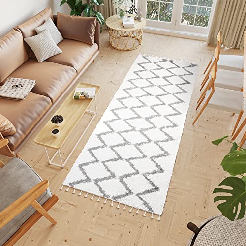 TAPISO Boho Teppich Läufer Kurzflor Shaggy Creme Grau Zig Zag Fransen Ethno Schlafzimmer Wohnzimmer...