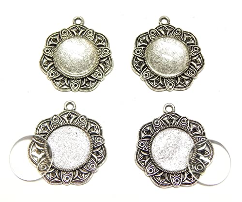 Perlin Set of 4 Metal Pendant Lockets Charm and 20 mm Round Clear Glass Cabochon, Silver Setting Frame Super Look Craft Set