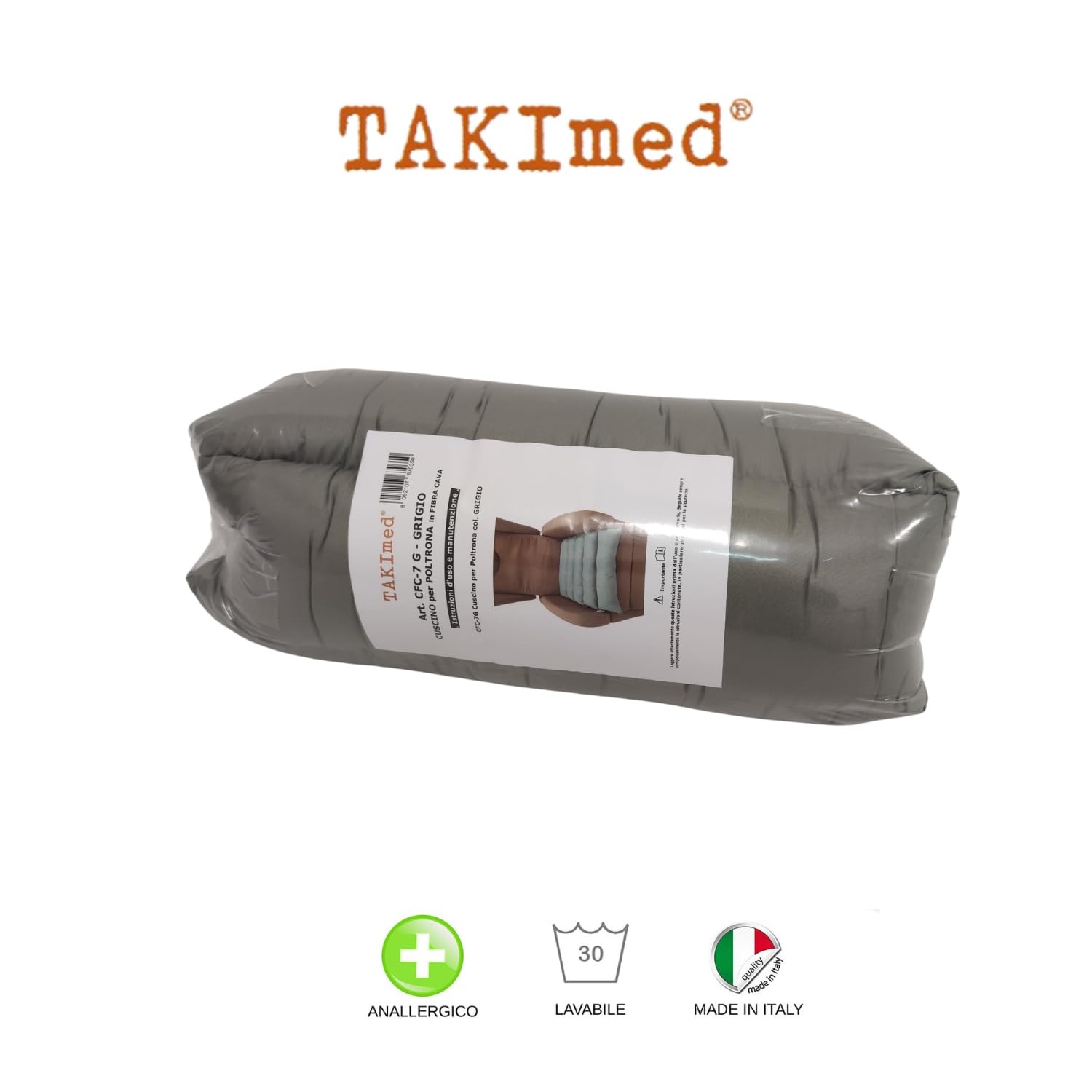 TAKIMED Cojín Ortopédico Antiescaras de Cinco Secciones con Fibra Hueca Siliconada, para Sillón, Hecho a Mano, Fabricado en Italia, Color Gris