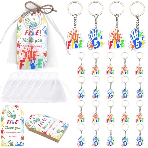 Serencatcher 24 conjuntos de lembranças de festa de aniversário Hi Five com porta-chaves temáticos de arco-íris Hi Five etiquetas de agradecimento, bolsa de organza e cordel para meninos e meninas de