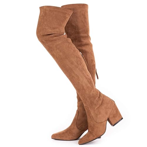 N.N.G Women Over the Knee Boots Thigh High Suede Block Winter Low Above Flat Long OTK Comfort Pointed toe - 5.5 - Brown 3"heel