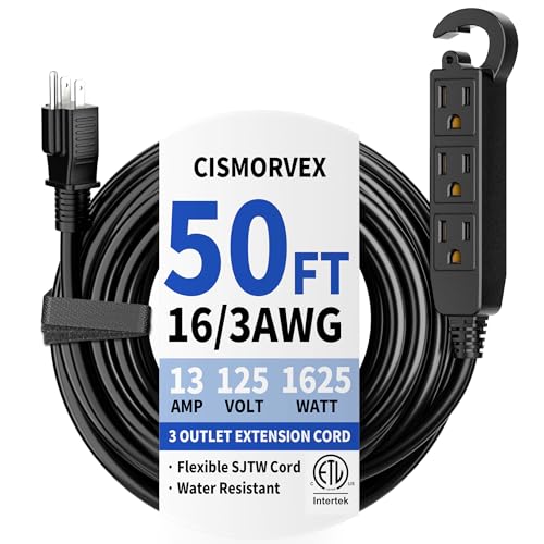 50 Ft 3 Outlet Outdoor Extension Cord Waterproof Grounded Extension Cord with Multiple Outlets 16/3 AWG 3 Prong Power Strip for Garden Patio Camping 13A 125V 1625W ETL Listed Black