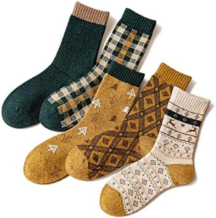 Meloday Thick Wool Classic Vintage Green Beige Hiking Crew Socks Soft and Comfortable - 5 Pairs Per Pack