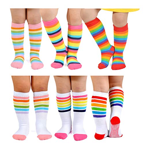 EPEIUS Baby Girl Rainbow Striped Knee High Socks Non-Slip Uniform Tube Stockings Soccer Socks for Toddler and Child2