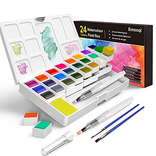 Watercolor Paint Set, Emooqi Watercolour Paint with 24 Vibrant Pigments 2 Water Brush Pen 1 Small Sponge 2 Paint Brush 1 Control Color Card, Ideal for Artists Painting Professionals Sudents.