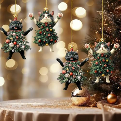 4 Stück Niedliche Katzen-Weihnachtsbaumschmuck Lustige Katze im...