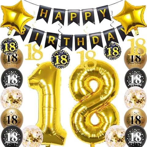 Pargleev 18th Birthday Decorations for Boys Girls,32in Number 18 Birthday Foil Balloons with Swirl Decorations Happy Birthday Banner and Star Foil Balloons 12PCS Confetii and Latex Balloons Black Gold Cover
