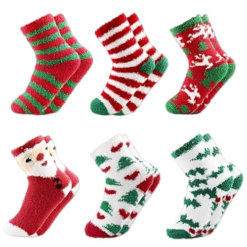 UZEXYO 6 Pairs Christmas Fluffy Socks for Women Cozy Fuzzy Slipper Bed Socks Warm Winter Festive Holiday Gifts