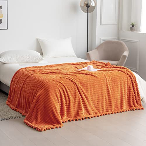 Dissa Fleece Blanket Throw Size – 51X63, Wide Stripe, Orange – Soft, Plush, Fluffy, Fuzzy, Warm, Cozy – Perfect Throw For Couch, Bed, Sofa - With Pompom Fringe - Flannel Blanket Throw Blanket #TOP6