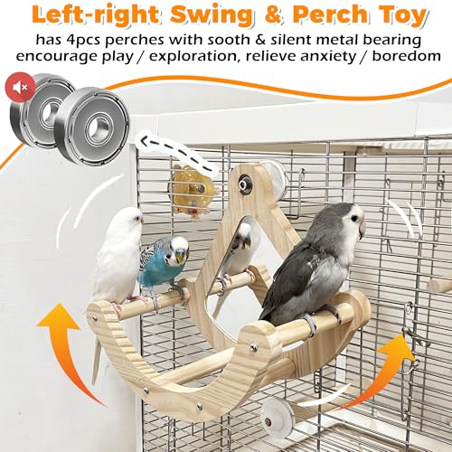 Image of Rocking Bird Perch Toy with Mirror for Cage, Enrichment Parakeet Toys | Wood Exercise Wheel Cockatiel Toys, Birds Enrichment Toy for Parrot, Interactive Cage Accessories Perch for Budgie Conure
