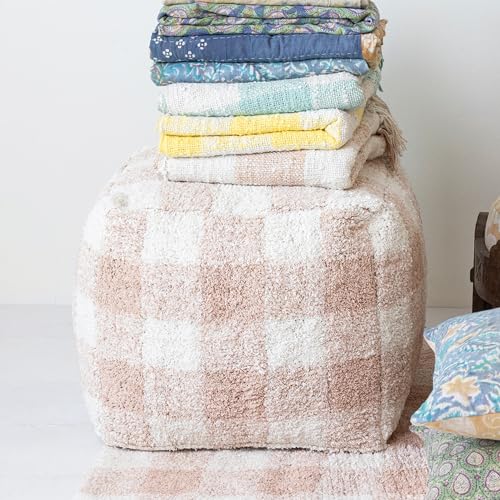 Creative Co-Op Cotton Tufted Pouf with Plaid Pattern, Blush and Cream