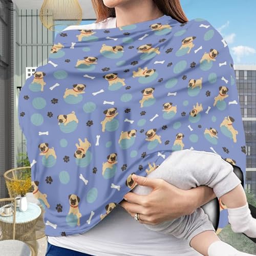 Image of Binienty Cute Pug Infant Carseat Canopy, Dog Paw Prints Breathable Breastfeeding Scarf for Moms, Stretchy Fabric All-Season Use Baby Stroller Canopies