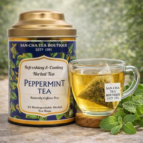 Image of Sancha Tea Boutique, Peppermint Herbal Infusion, 25 Pyramid Tea Bags | 100% Caffeine-Free Mint Tea for Relaxation & Stress Relief | Refreshing Herbal Infusion in Tin Caddy