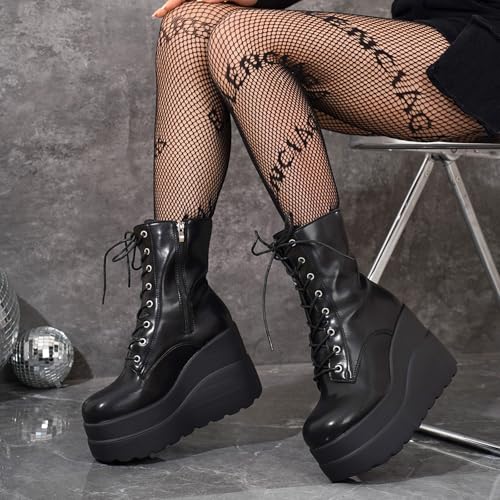 Gothic Combat Ankle Boots for Womem Lace Up Round Toe Platform Chunky Wedge Booties Side Zipper Punk Motorcycle Boots3